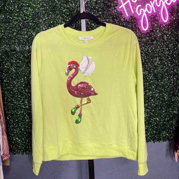 NWT Workshop Flamingo Christmas Sweatshirt - Picture 1 of 4